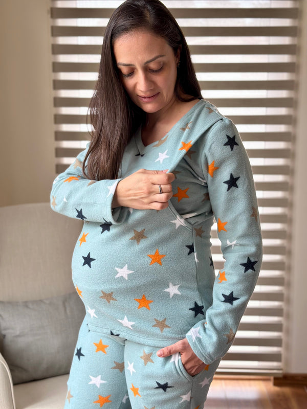 Pijama de maternidad y lactancia •Estrellas aqua• POLAR
