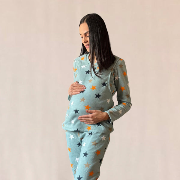 Pijama de maternidad y lactancia •Estrellas aqua• POLAR