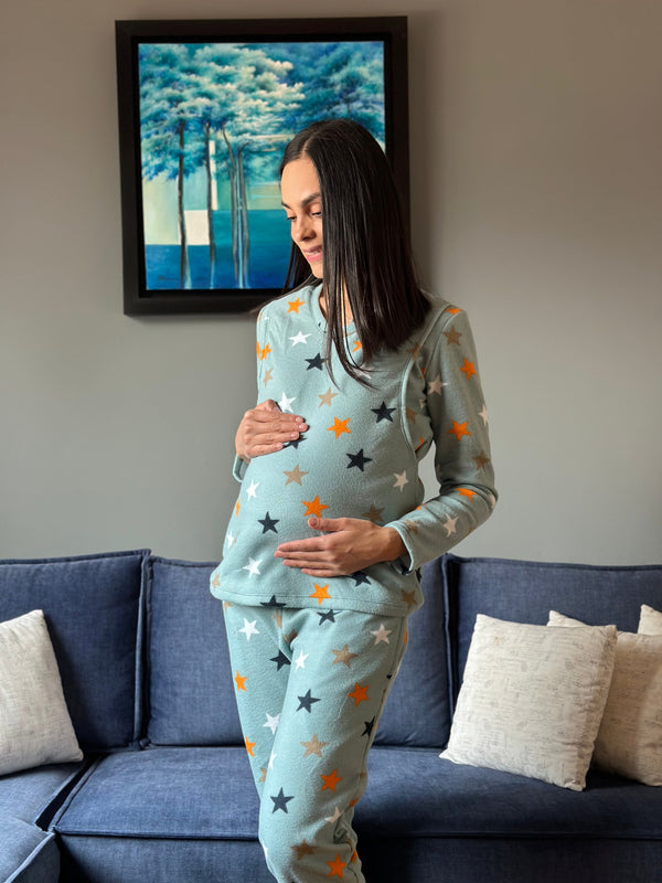 Pijama de maternidad y lactancia •Estrellas aqua• POLAR