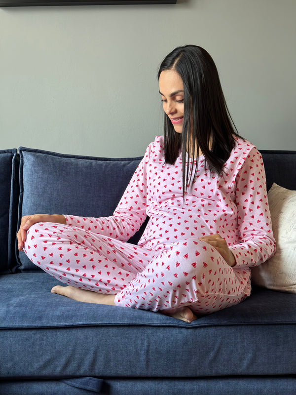 Pijama de maternidad y lactancia •corazones rosa• con ALGODÓN