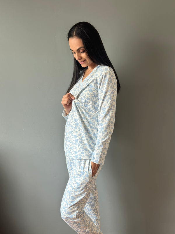 Pijama de maternidad y lactancia •Hojas azul• con ALGODÓN