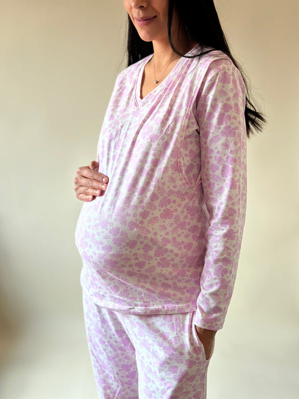 Pijama de maternidad y lactancia •Hojas lila• con ALGODÓN