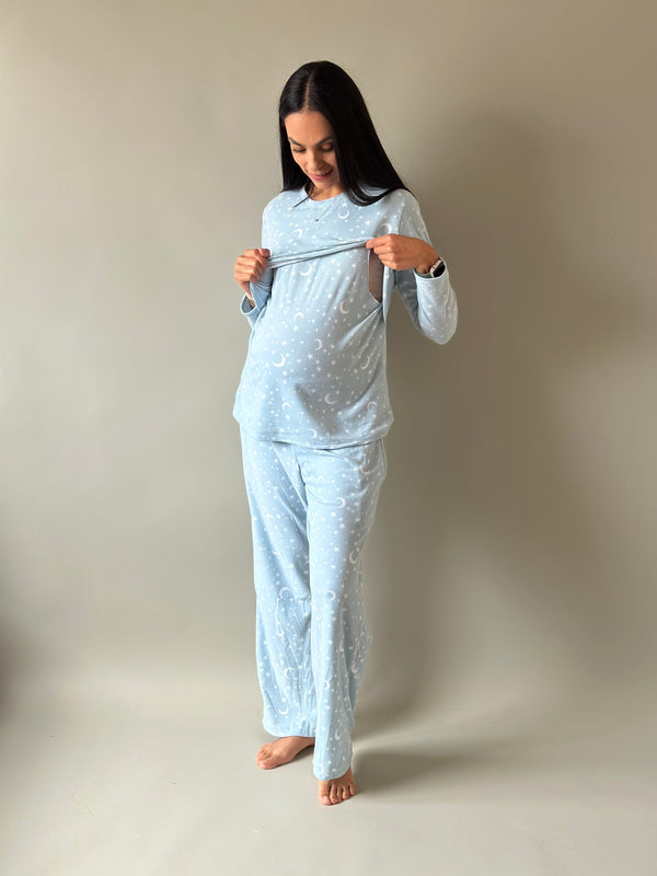 Pijama de mater y lact •Estrellas azul• FLEECE DELGADO