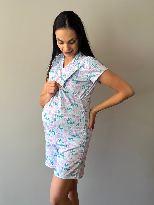 Pijama de short maternidad y lactancia •LOVE AQUA• con ALGODÓN