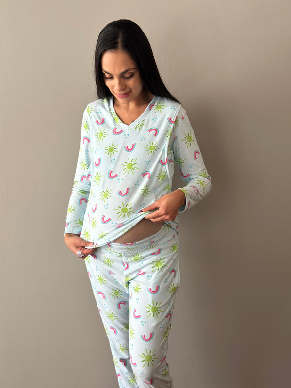 Pijama de maternidad y lactancia •Arcoiris Azul• FLEECE DELGADO