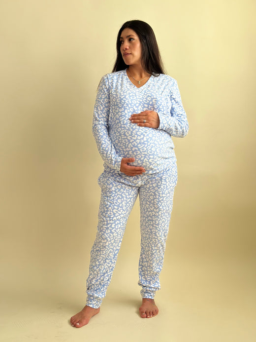 Pijama de maternidad y lactancia •Leopardo Azul• FLEECE DELGADO