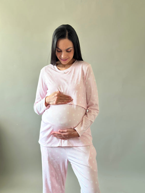 Pijama de maternidad y lactancia •Estrellas rosa•