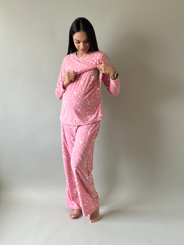 Pijama de mater y lact •Estrellas rosa• FLEECE DELGADO