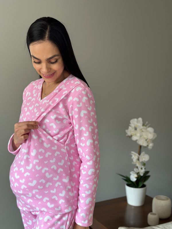 Pijama de maternidad y lactancia •Corazones blanco• POLAR