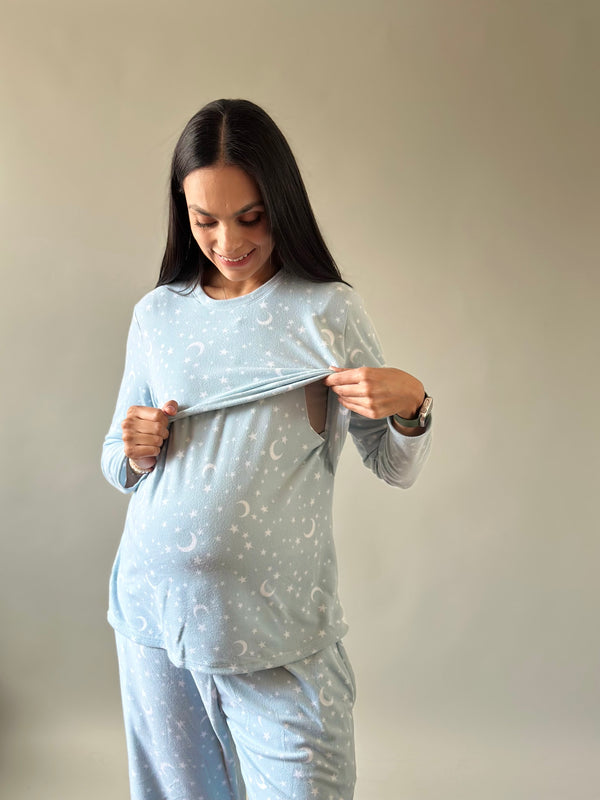Pijama de mater y lact •Estrellas azul• FLEECE DELGADO