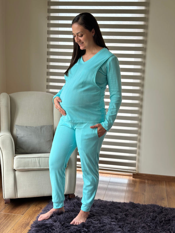 Pijama de maternidad y lactancia •Turquesa• con ALGODÓN