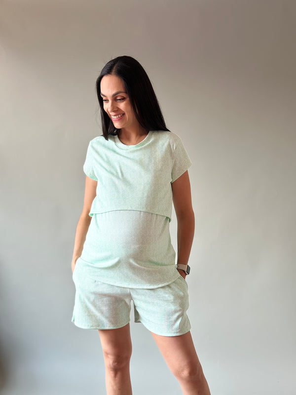 Pijama de short maternidad y lactancia •Abanico verde•