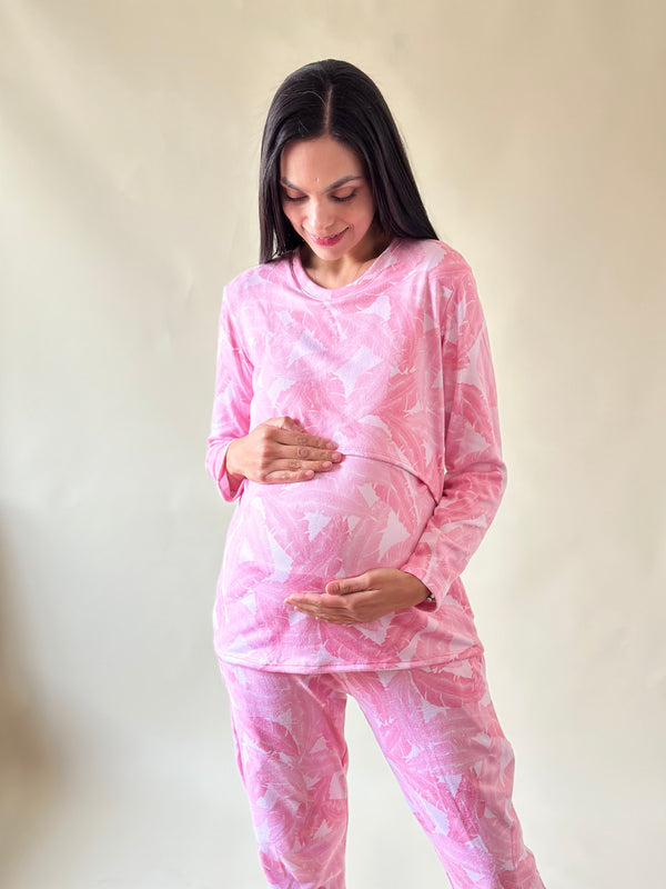 Pijama de maternidad y lactancia •Hojas rosa• SUPER SOFT