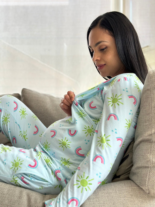 Pijama de maternidad y lactancia •Arcoiris Azul• FLEECE DELGADO