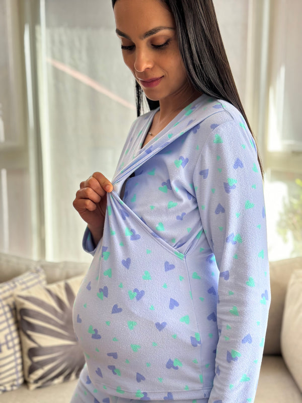 Pijama de maternidad y lactancia •Confeti Azul• FLEECE DELGADO