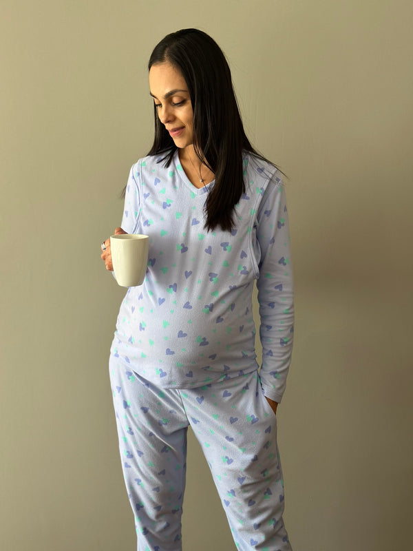 Pijama de maternidad y lactancia •Confeti Azul• FLEECE DELGADO
