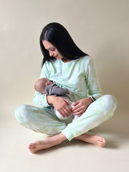 Pijama de maternidad y lactancia •Hojas verde• SUPER SOFT