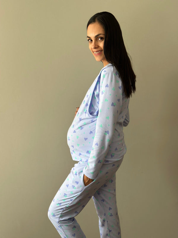 Pijama de maternidad y lactancia •Confeti Azul• FLEECE DELGADO