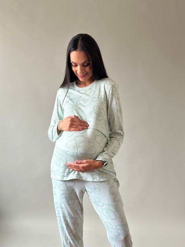 Pijama de maternidad y lactancia •Tulipán verde• SUPER SOFT