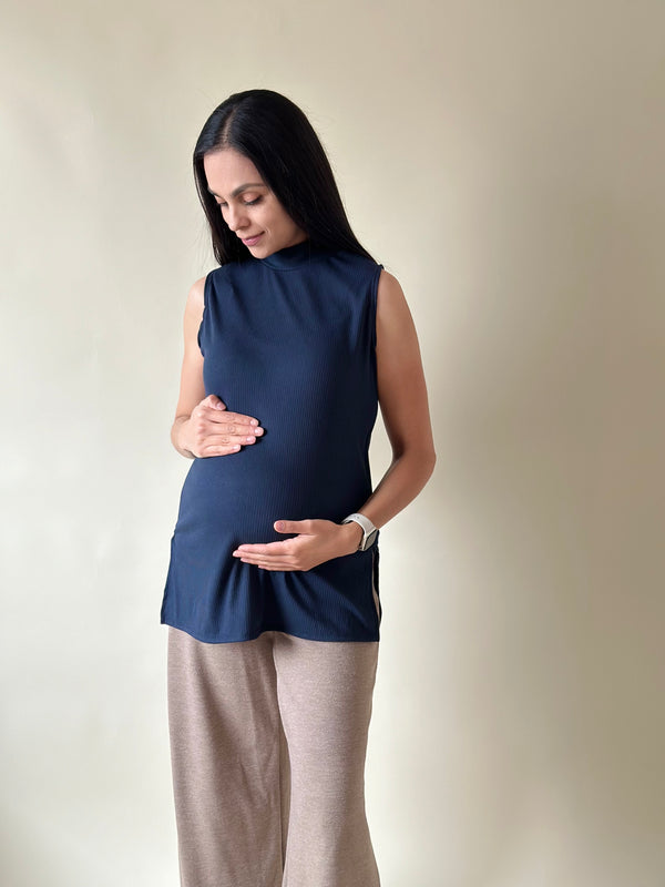 Blusa de maternidad y lactancia acanalada •Azul marino•