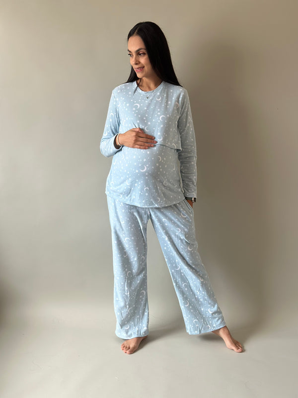 Pijama de mater y lact •Estrellas azul• FLEECE DELGADO