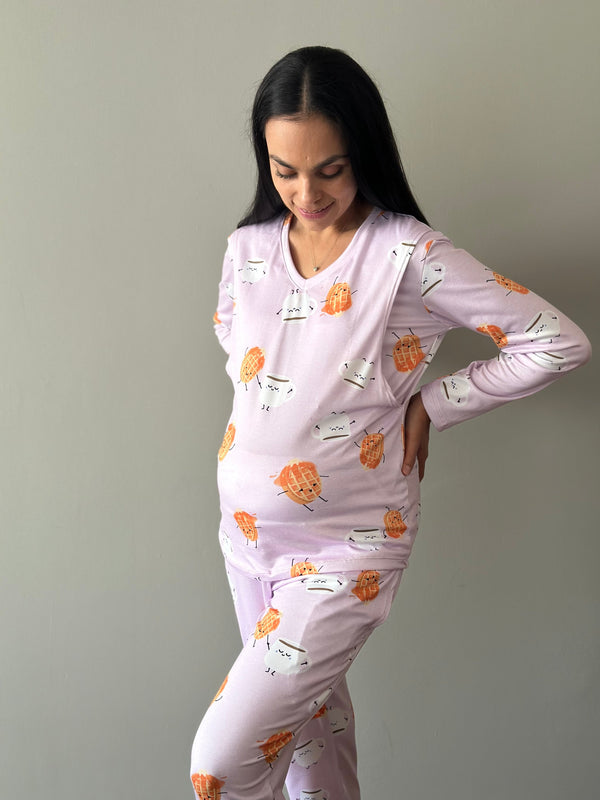 Pijama de maternidad y lactancia •Waffle rosa• SUPER SOFT