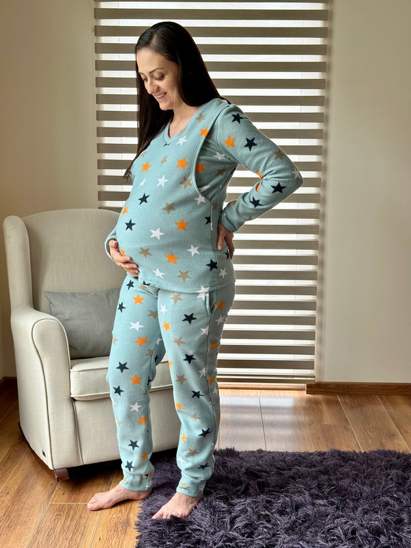Pijama de maternidad y lactancia •Estrellas aqua• POLAR