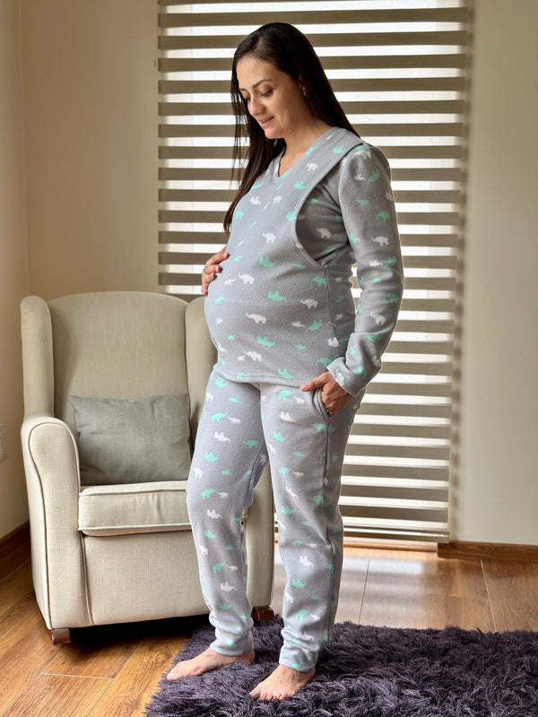Pijama de maternidad y lactancia •Elefantes Gris• POLAR