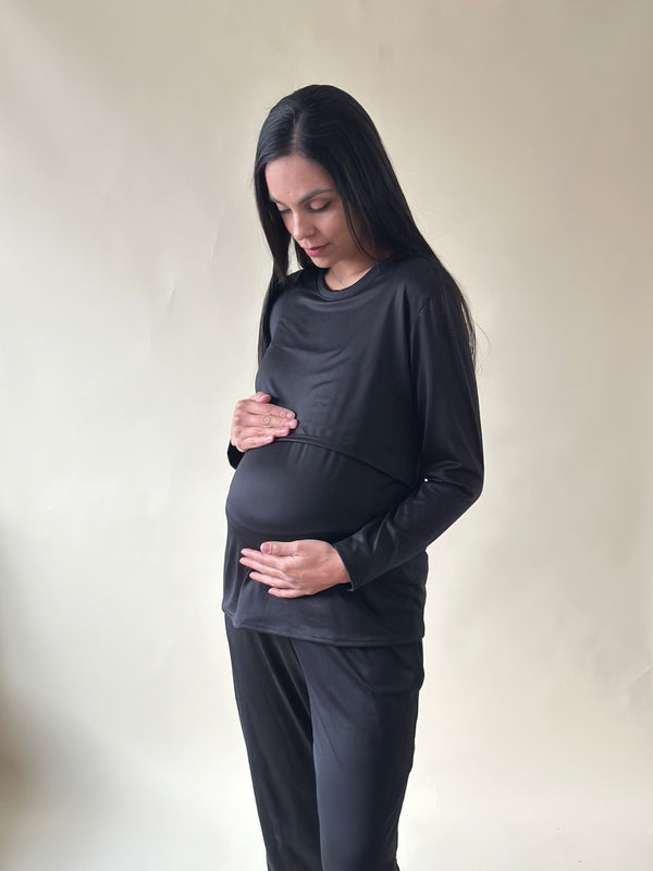 Pijama de maternidad y lactancia •Negro• SUPER SOFT