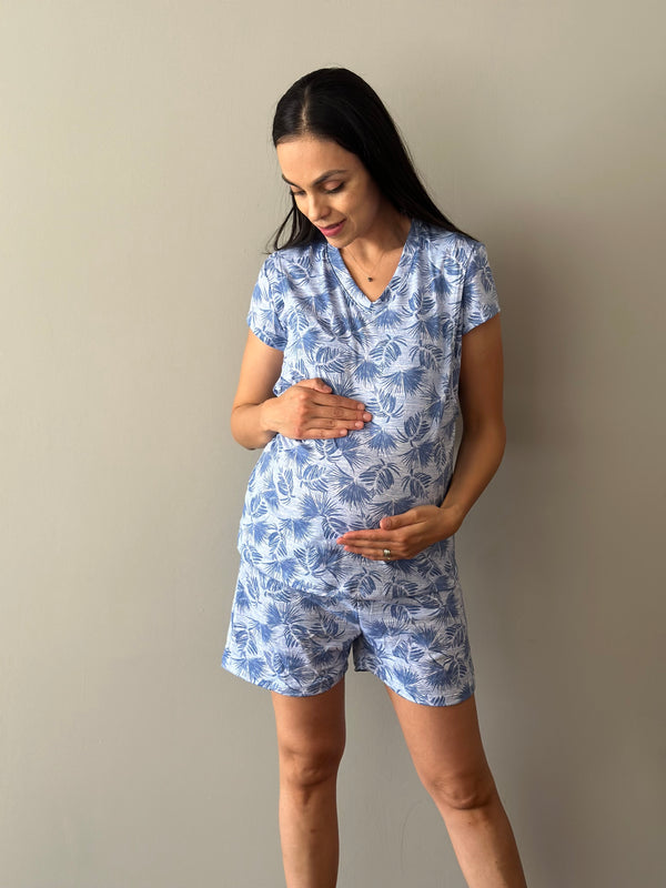 Pijama de short maternidad y lactancia •PALMA AZUL• ALGODÓN