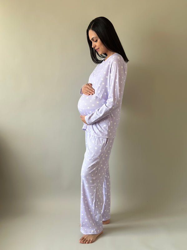 Pijama de maternidad y lactancia •Estrellas lila•