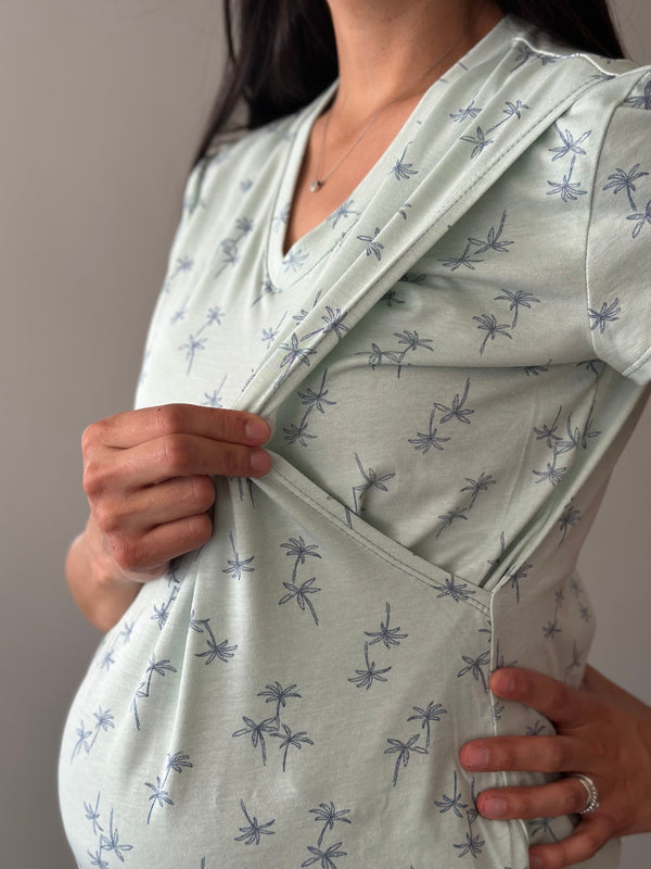 Pijama de short maternidad y lactancia •PALMERAS VERDE• con ALGODÓN