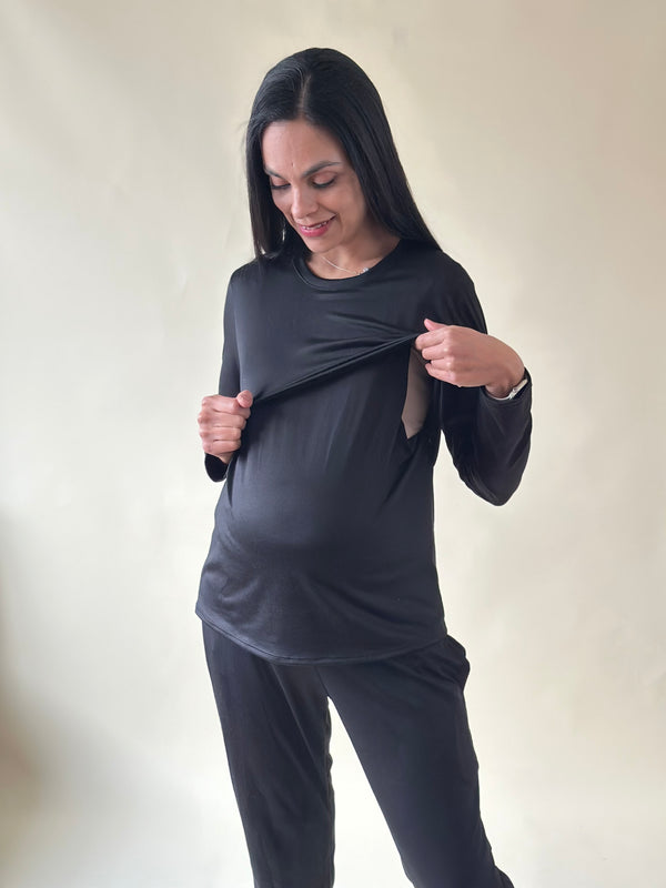 Pijama de maternidad y lactancia •Negro• SUPER SOFT