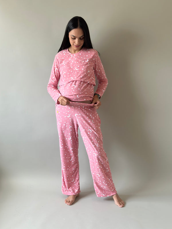 Pijama de mater y lact •Estrellas rosa• FLEECE DELGADO