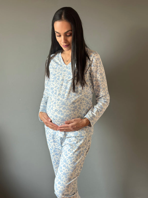 Pijama de maternidad y lactancia •Hojas azul• con ALGODÓN
