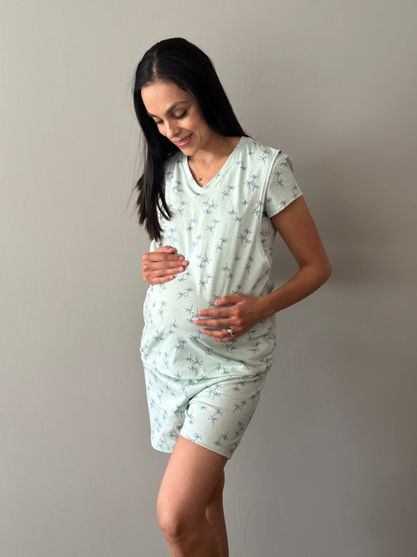 Pijama de short maternidad y lactancia •PALMERAS VERDE• ALGODÓN