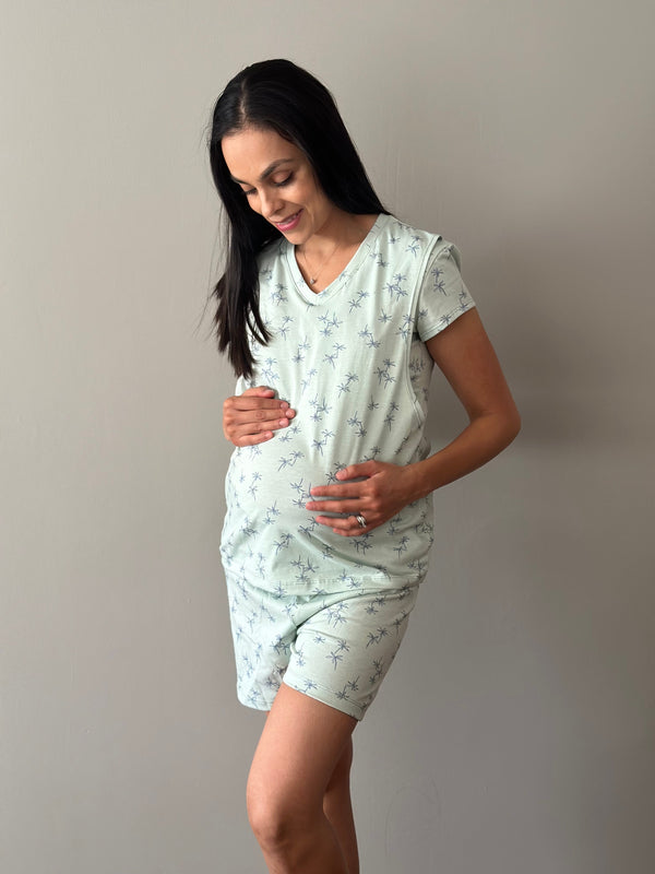 Pijama de short maternidad y lactancia •PALMERAS VERDE• con ALGODÓN