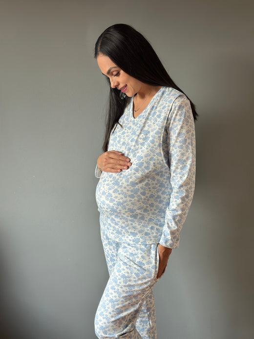 Pijama de maternidad y lactancia •Hojas azul• con ALGODÓN
