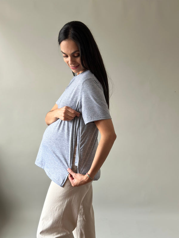 Playera de maternidad y lactancia •Gris jaspe•