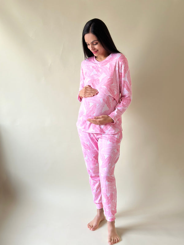 Pijama de maternidad y lactancia •Hojas rosa• SUPER SOFT