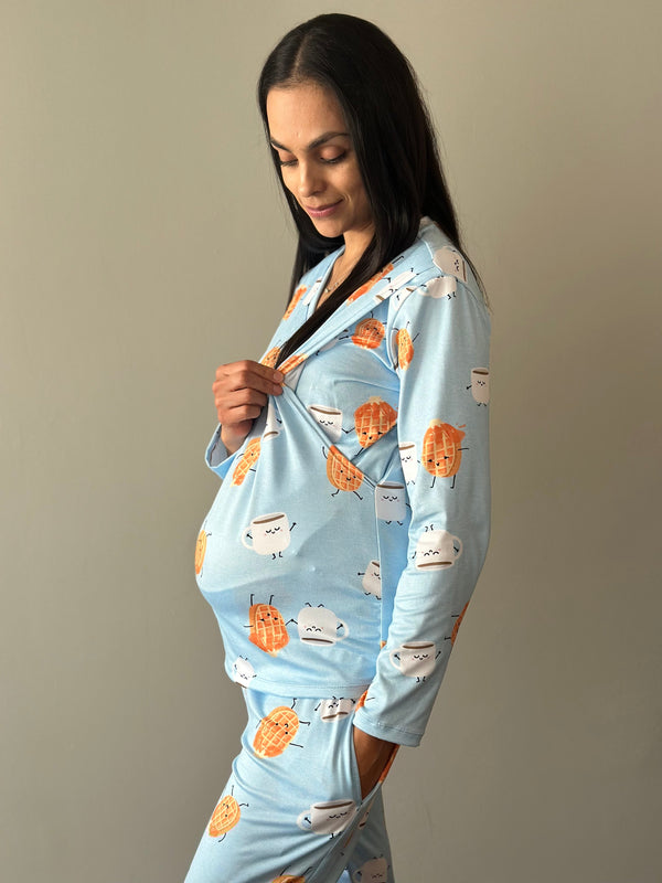 Pijama de maternidad y lactancia •Waffle azul• SUPER SOFT