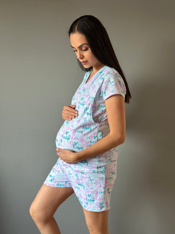 Pijama de short maternidad y lactancia •LOVE AQUA• con ALGODÓN