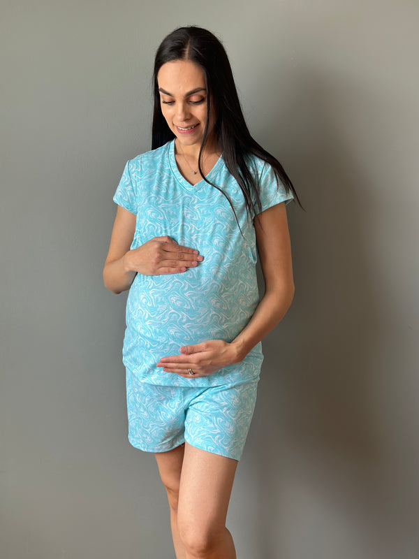 Pijama de short maternidad y lactancia •CIELO• ALGODÓN