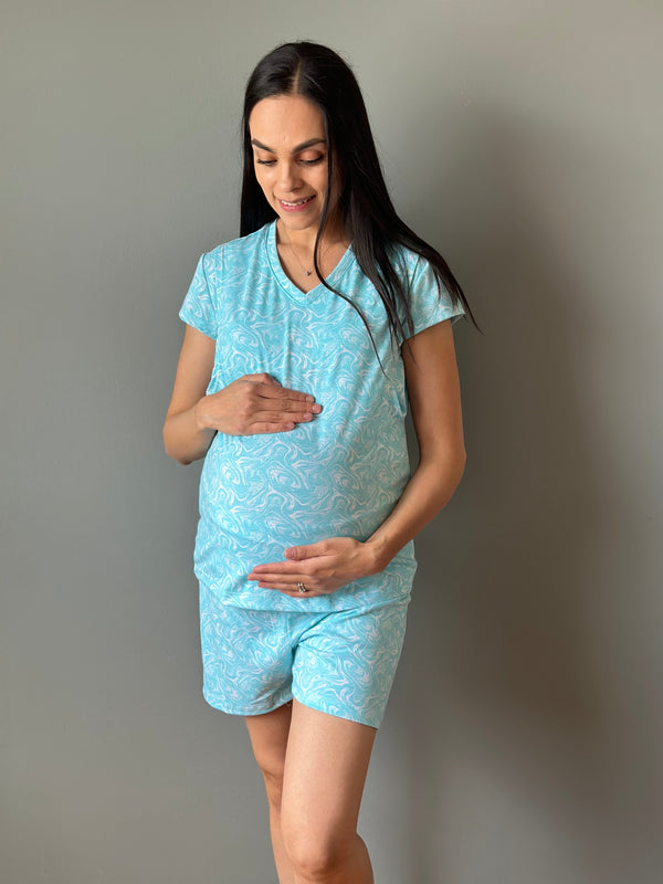 Pijama de short maternidad y lactancia •CIELO• con ALGODÓN