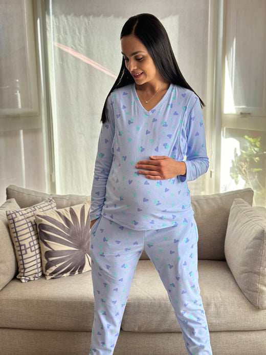 Pijama de maternidad y lactancia •Confeti Azul• FLEECE DELGADO
