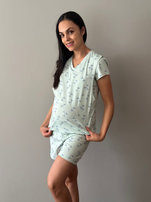 Pijama de short maternidad y lactancia •PALMERAS VERDE• con ALGODÓN