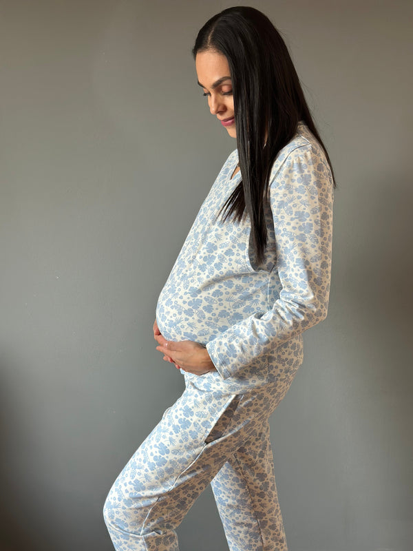 Pijama de maternidad y lactancia •Hojas azul• con ALGODÓN