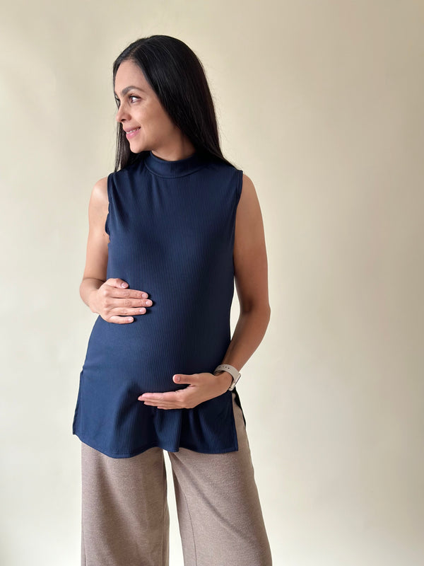 Blusa de maternidad y lactancia acanalada •Azul marino•