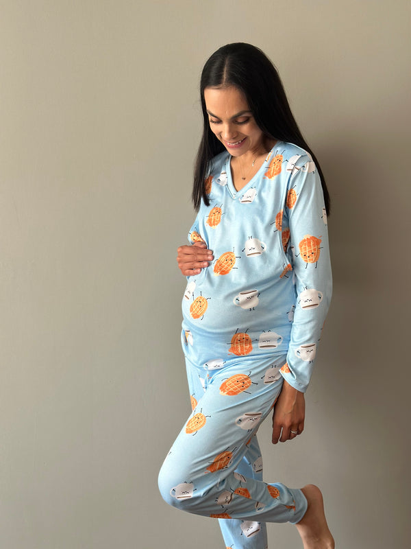 Pijama de maternidad y lactancia •Waffle azul• SUPER SOFT