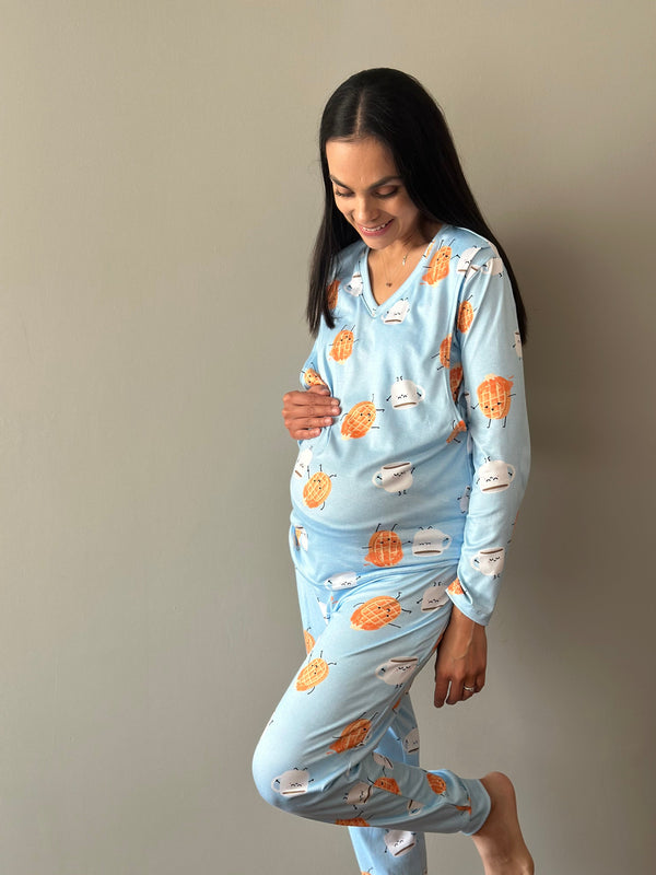 Pijama de maternidad y lactancia •Waffle azul• SUPER SOFT